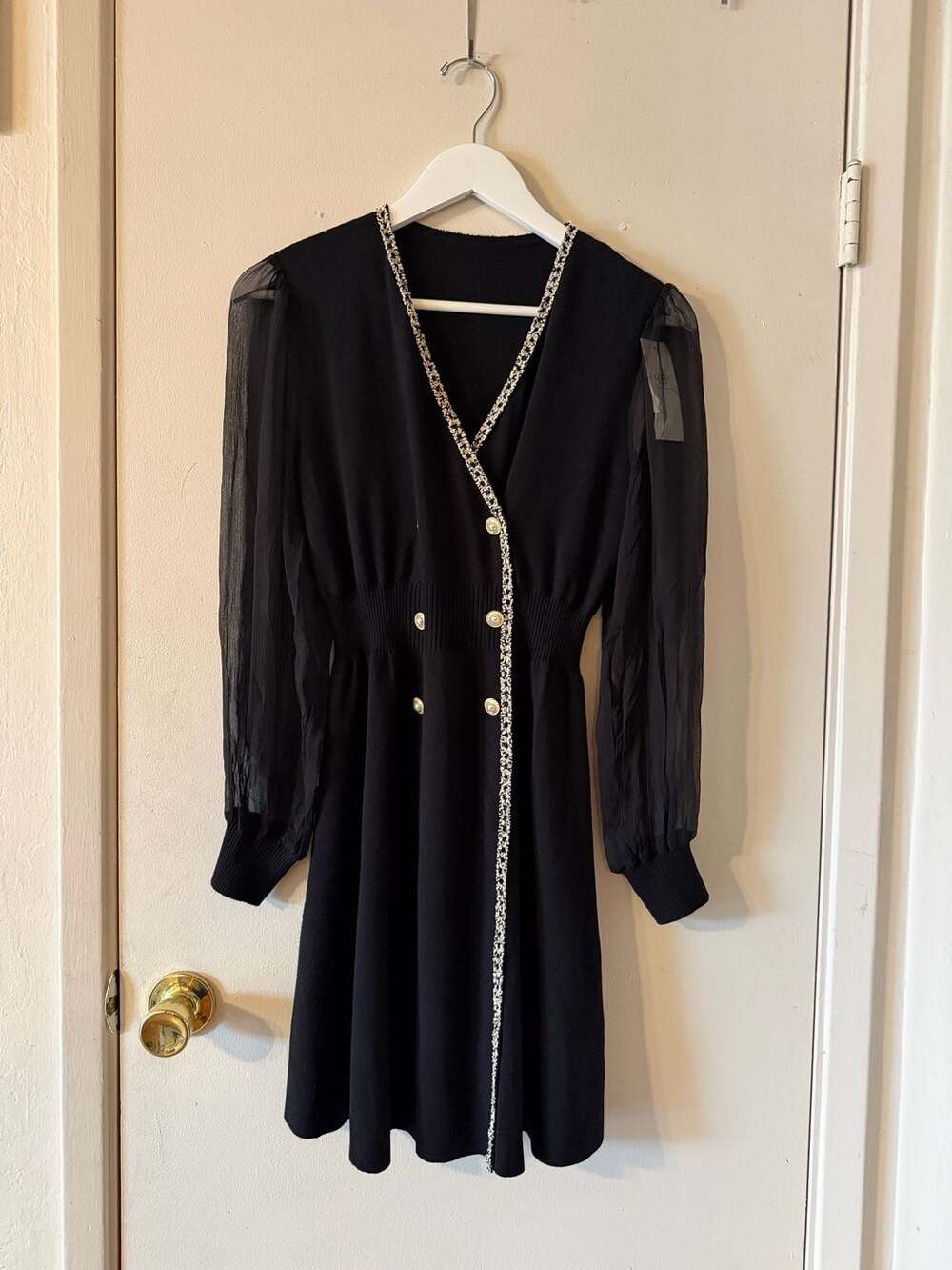 Goelia Black Knit Sweater Dress L Sheer Puff Sleeve Pearl Tweed Trim NWT